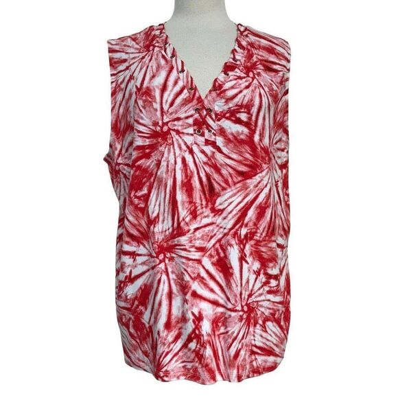Rafaella Red Tie-Dye V-Neck Laced Front Top Sz 3X Cotton Sleeveless NEW - Picture 2 of 7